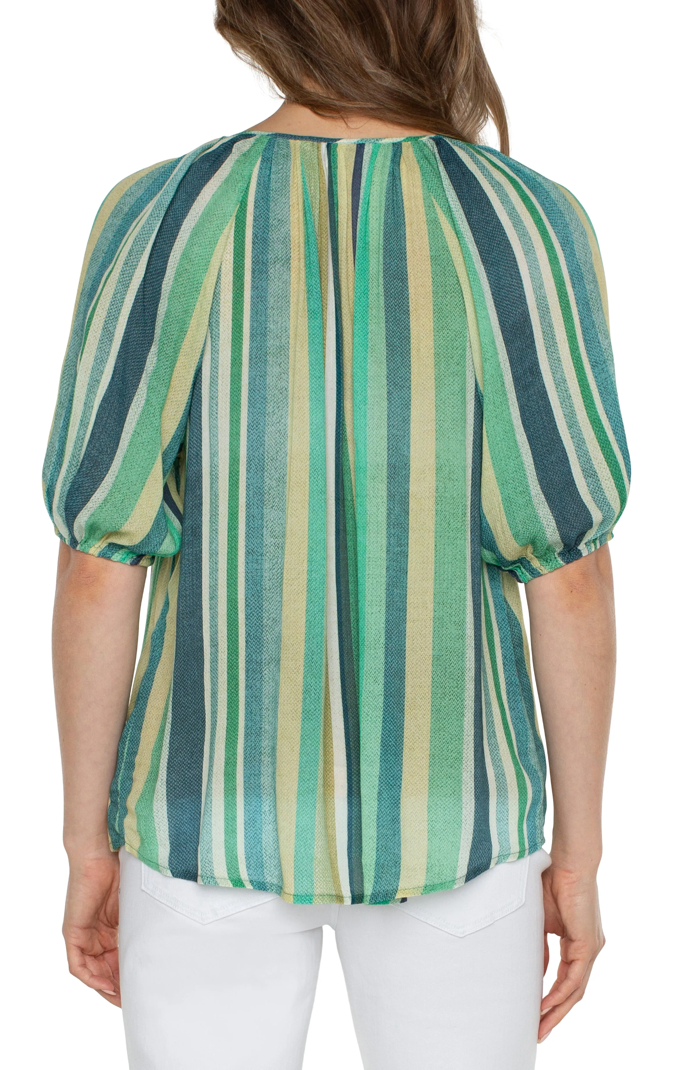 Striped Short Elastic Slv Button Down Top