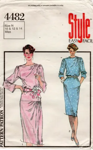 Style 4482 Womens Straight Dress with Dropped Waist Asymmetric Shoulder Drape 1980s Vintage Sewing Pattern 10 - 14