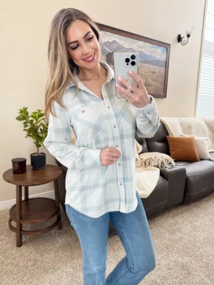 Sweatshirt Button Down Top In Blue Plaid