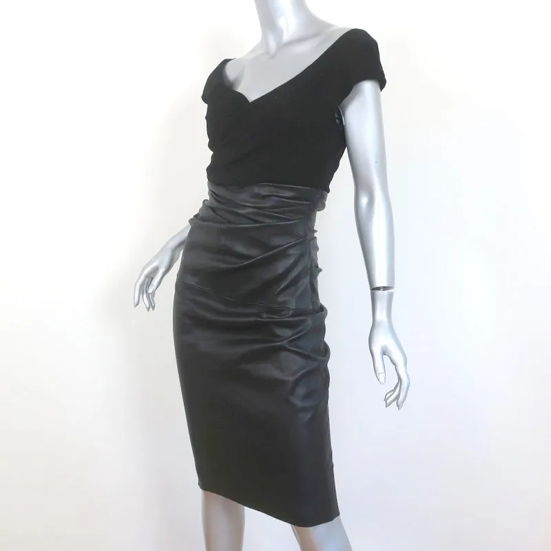 Talbot Runhof Off the Shoulder Dress Black Draped Suede & Leather Size 6