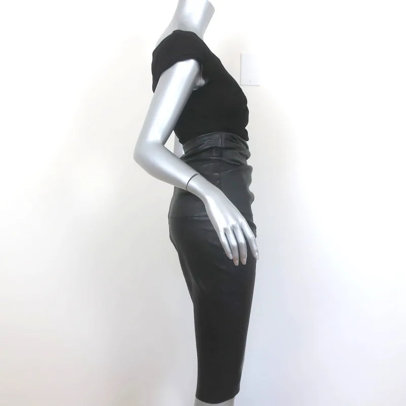 Talbot Runhof Off the Shoulder Dress Black Draped Suede & Leather Size 6