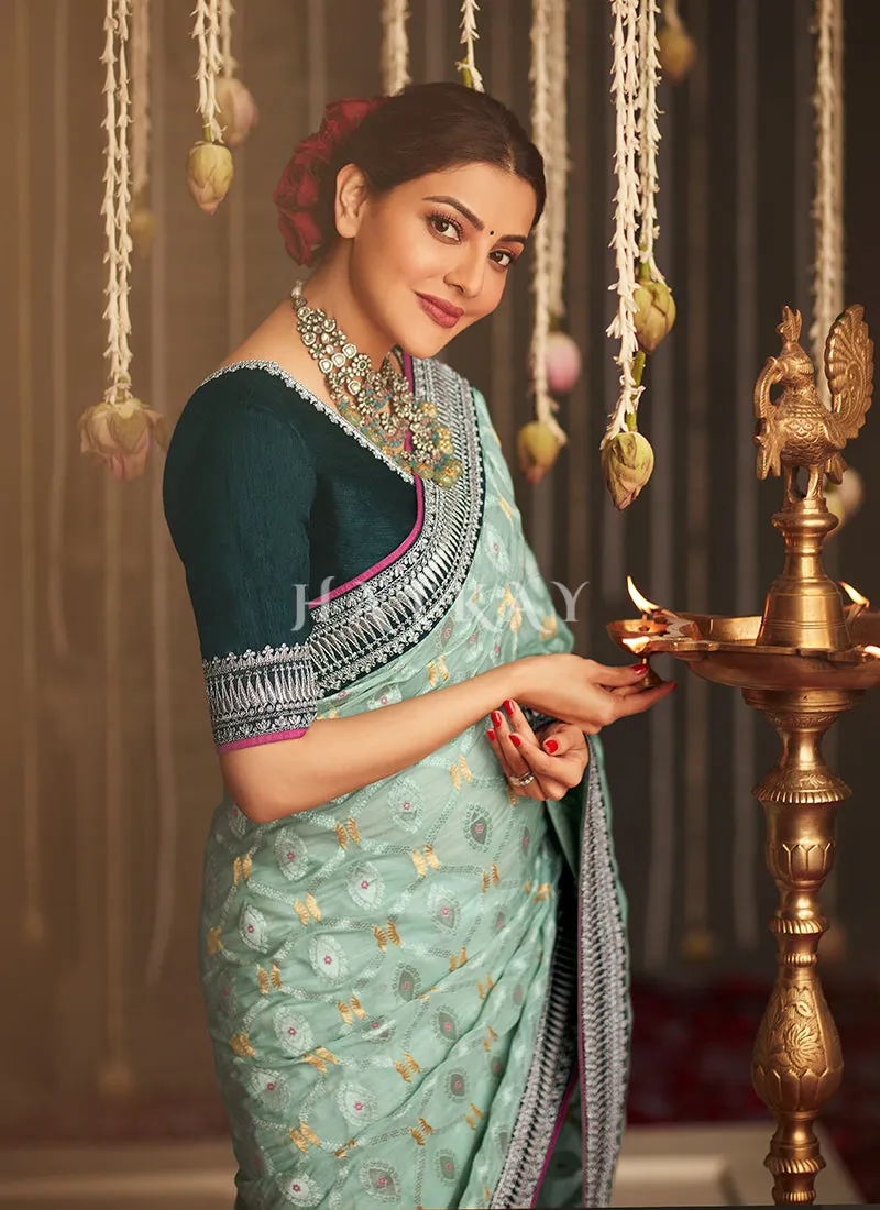 Teal And Turquoise Embroidered Banarasi Silk Saree