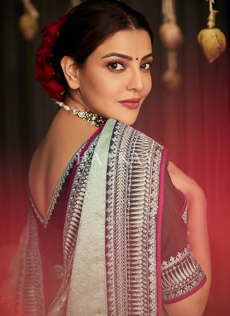 Teal And Turquoise Embroidered Banarasi Silk Saree