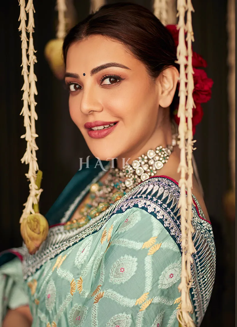Teal And Turquoise Embroidered Banarasi Silk Saree