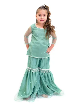 Teal Blue Silk Salwar Kameez - Girls