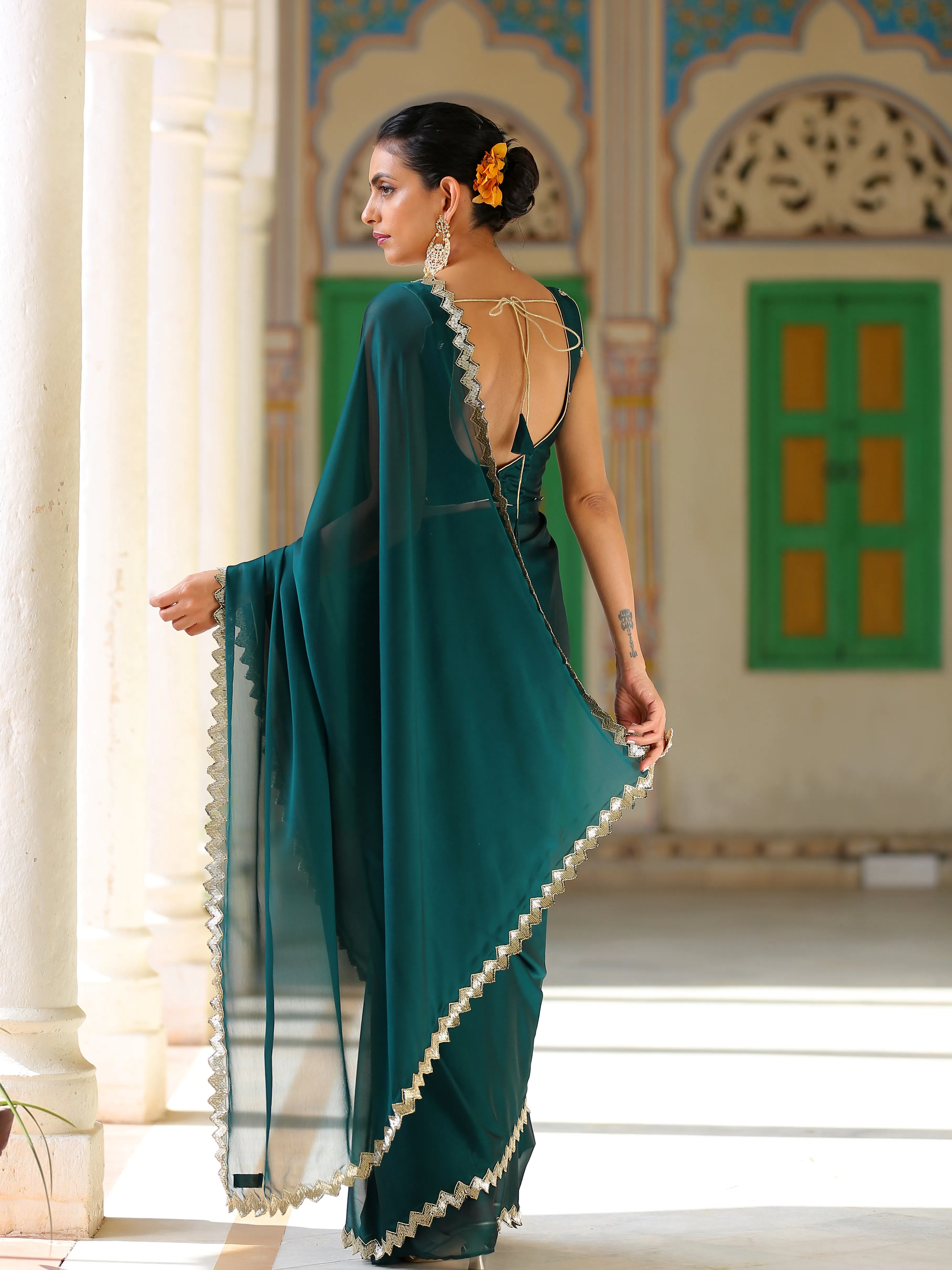 Teal Green Sparkle Saree with Gold Sequins & Embellished Blouse