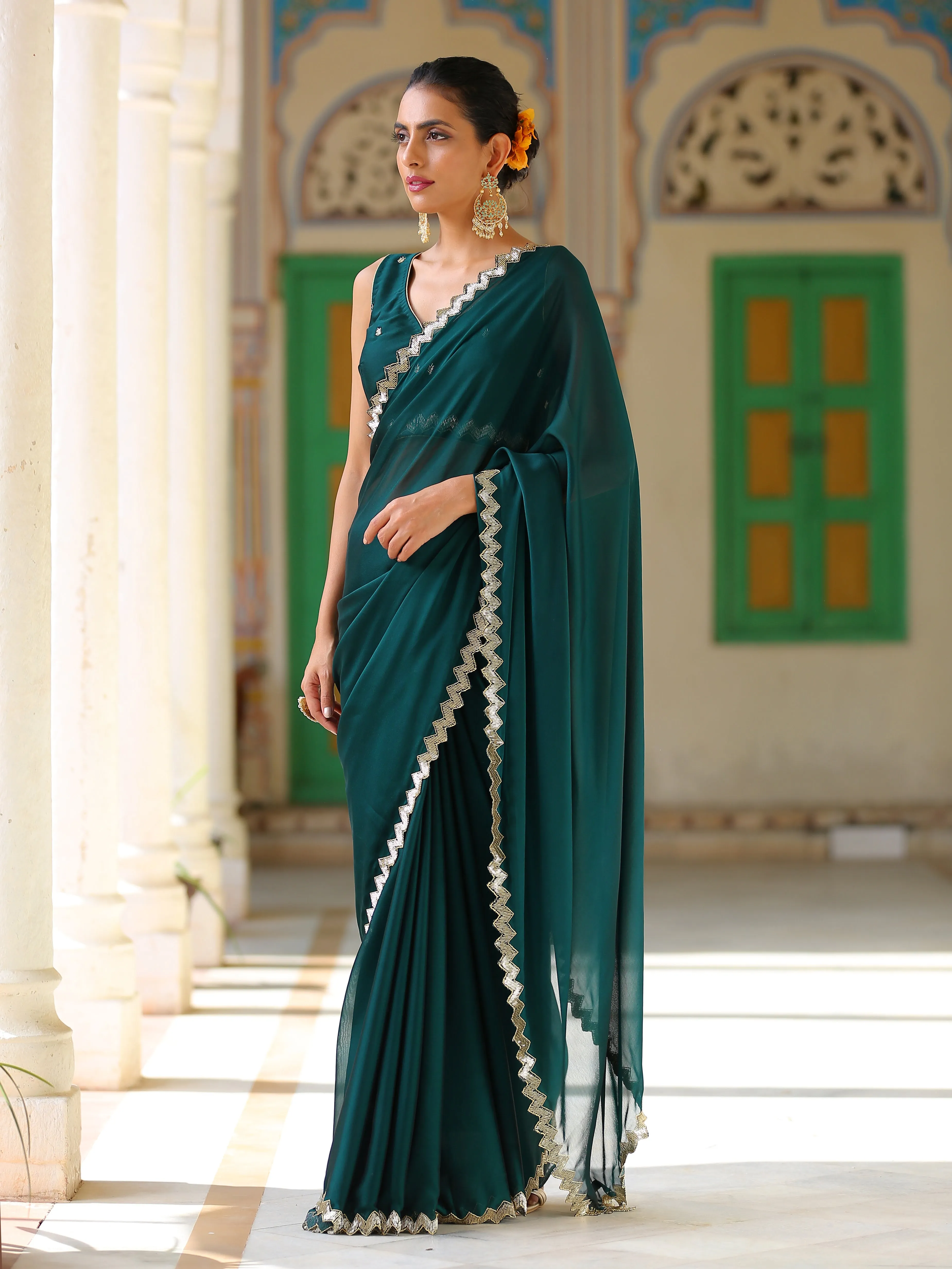 Teal Green Sparkle Saree with Gold Sequins & Embellished Blouse