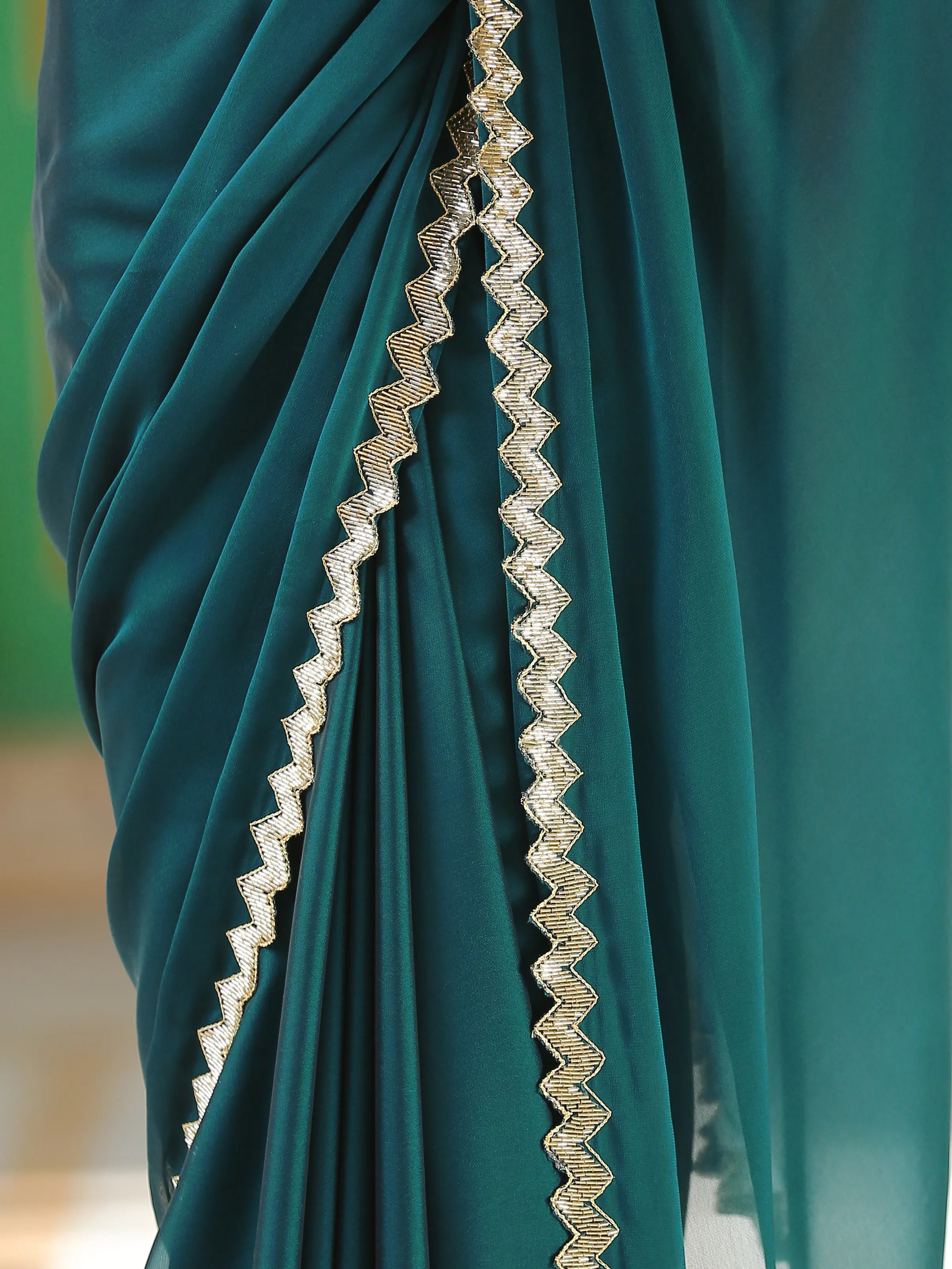 Teal Green Sparkle Saree with Gold Sequins & Embellished Blouse