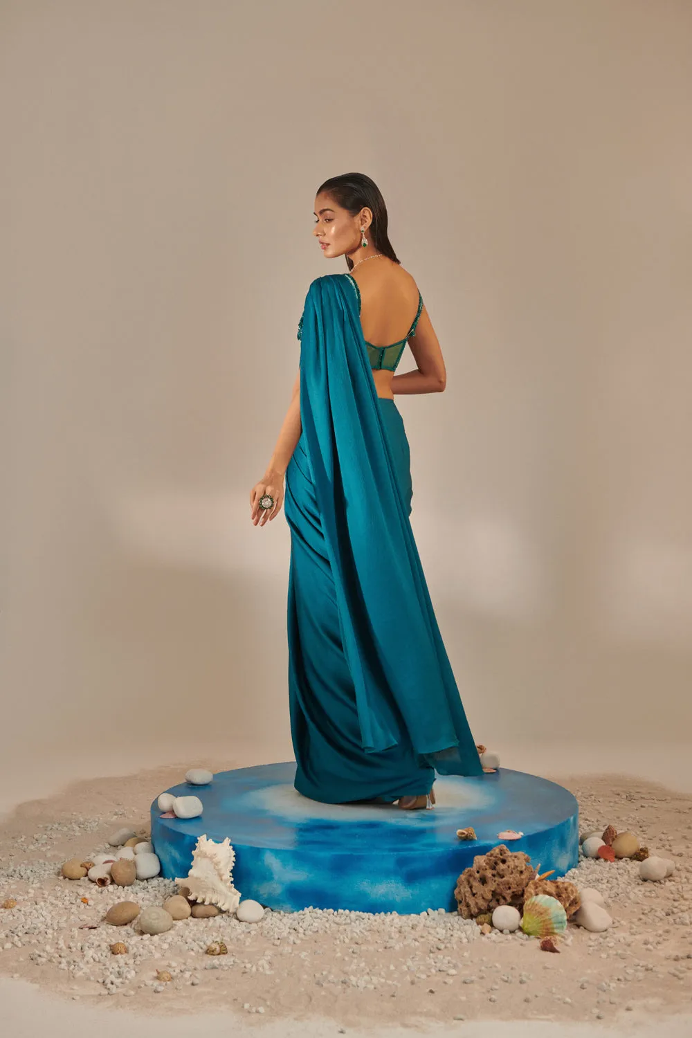 Teal Off Shoulder Pre-Stitch Drape Saree Set;3D Hand Embellished Applique Shells