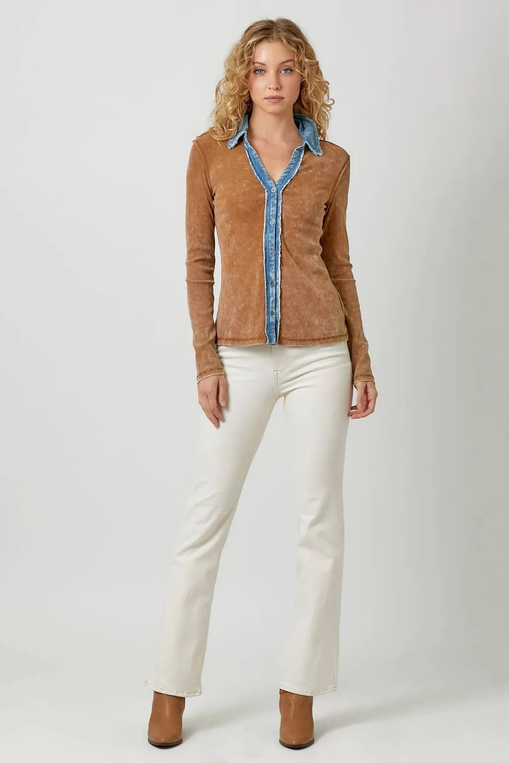 Thermal Button Down Top Washed Camel