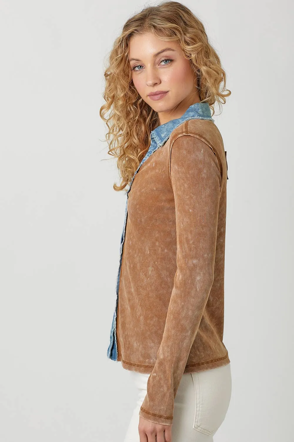 Thermal Button Down Top Washed Camel