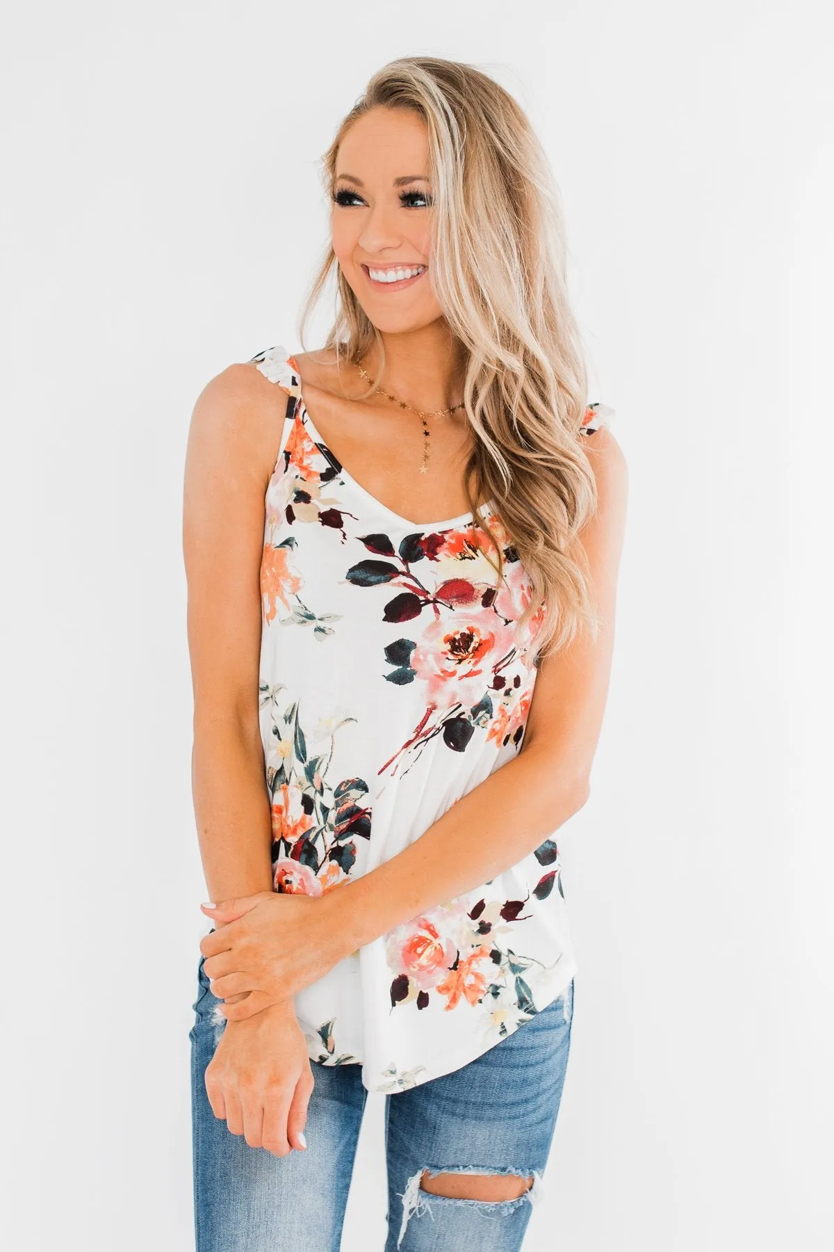 Turn & Smile Floral Tank Top- Ivory