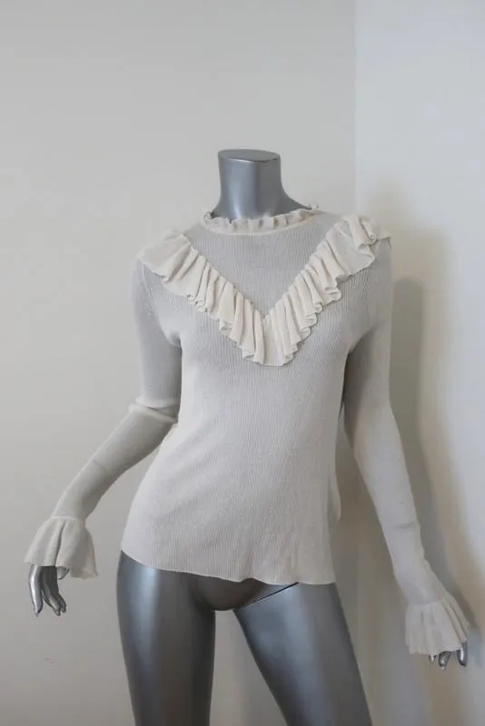 Ulla Johnson Top Maritza Cream Fine Ribbed Cotton Size Medium Ruffled Pullover
