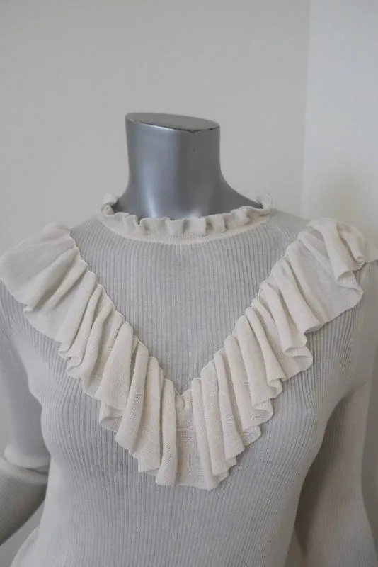 Ulla Johnson Top Maritza Cream Fine Ribbed Cotton Size Medium Ruffled Pullover