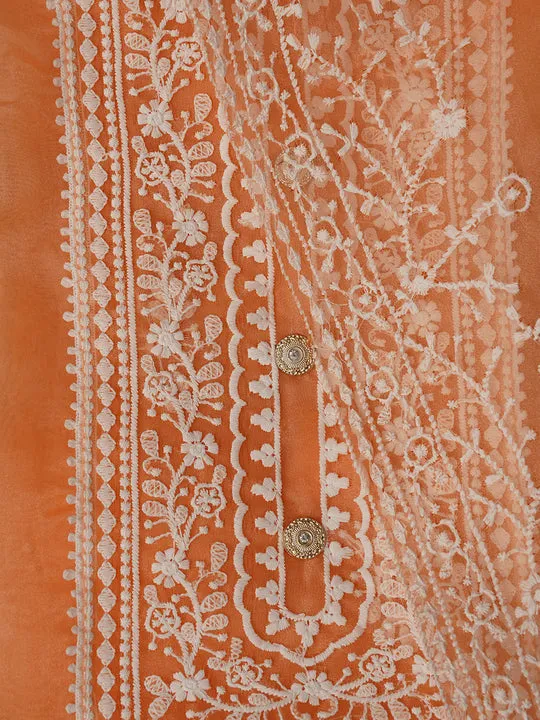 Unstitched Orange Embroidered Organza Dress Material With Dupatta