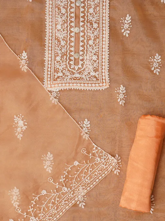 Unstitched Orange Embroidered Organza Dress Material With Dupatta