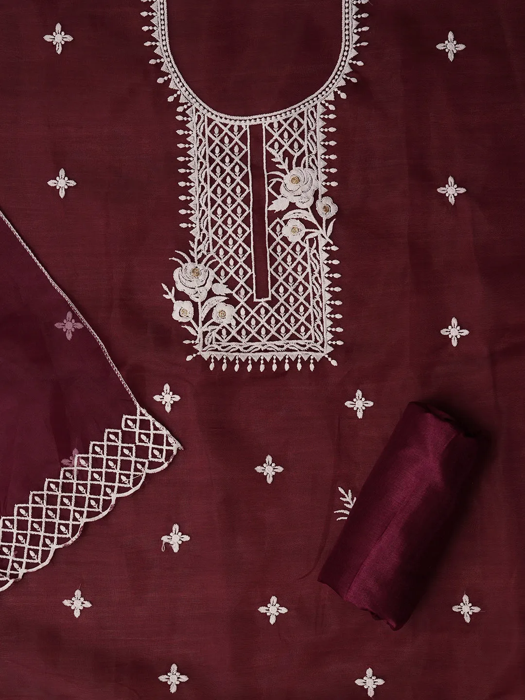 Unstitched Purple Embroidered Organza Dress Material With Dupatta