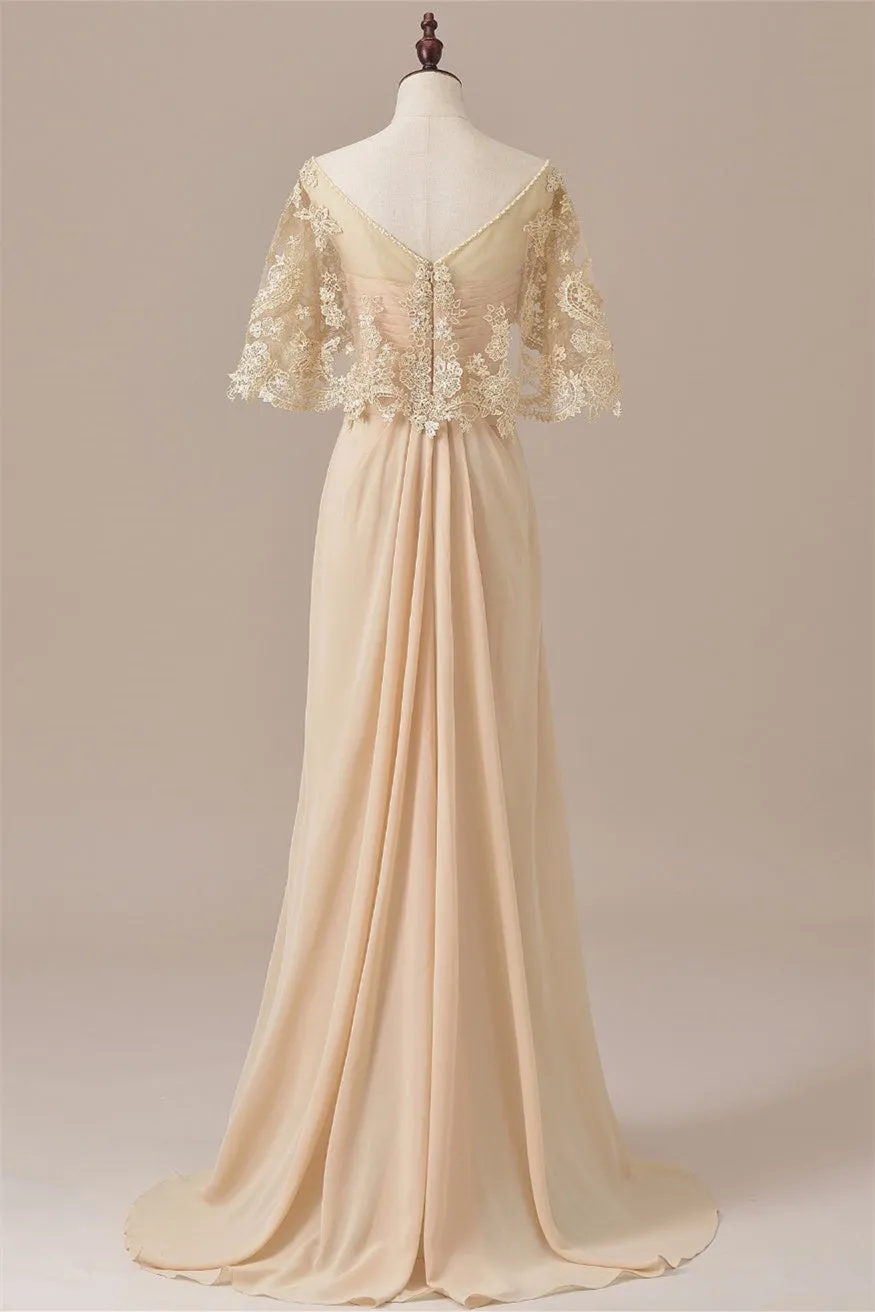 V-Neck Lace Draped Sleeves Ruffle Long Mother of the Bride Dress