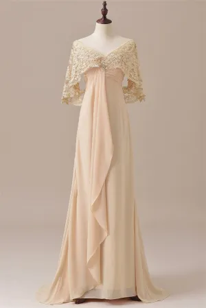 V-Neck Lace Draped Sleeves Ruffle Long Mother of the Bride Dress