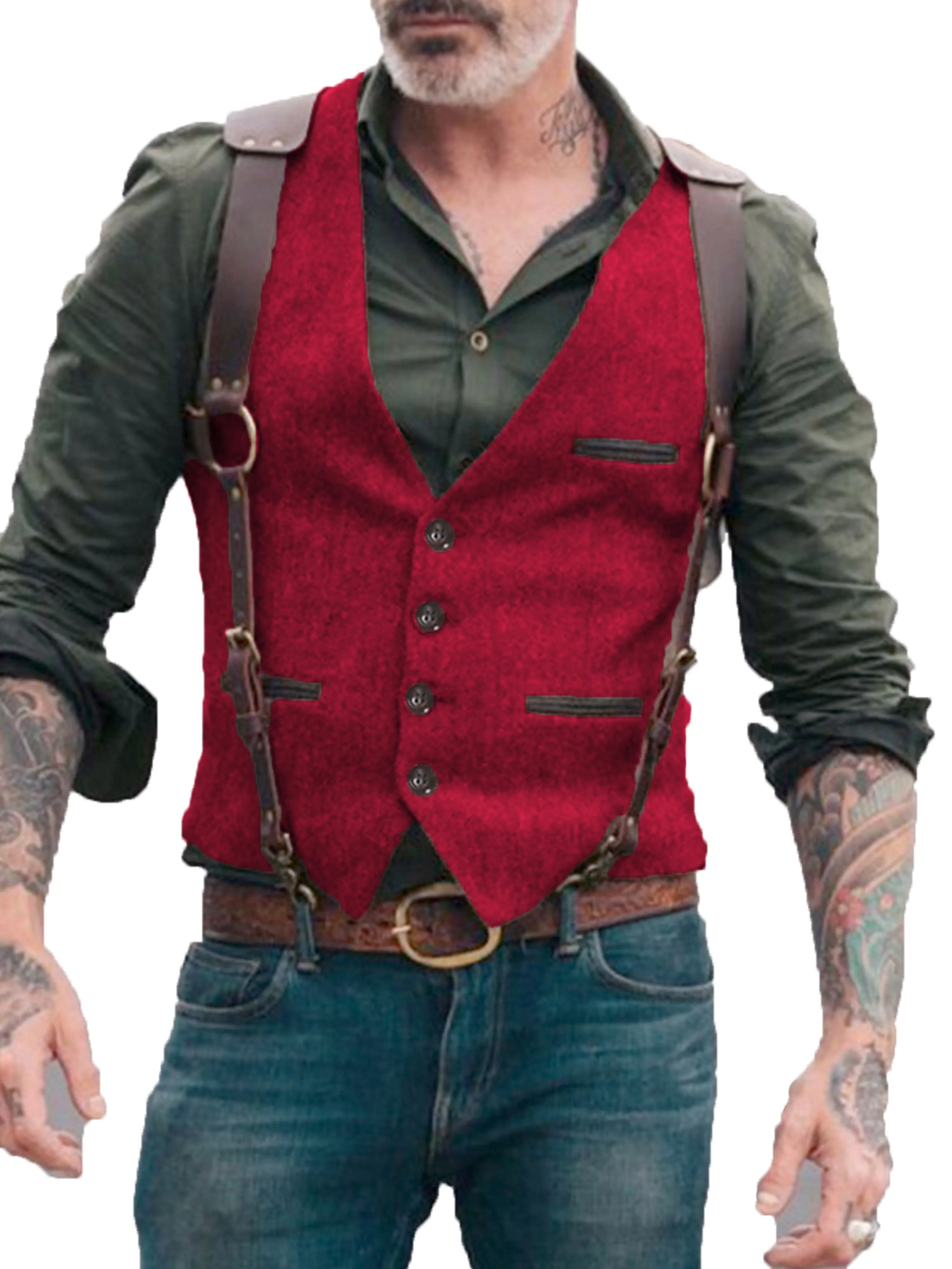 V Neck Solid Color Herringbone Vest Men's Suit Vest