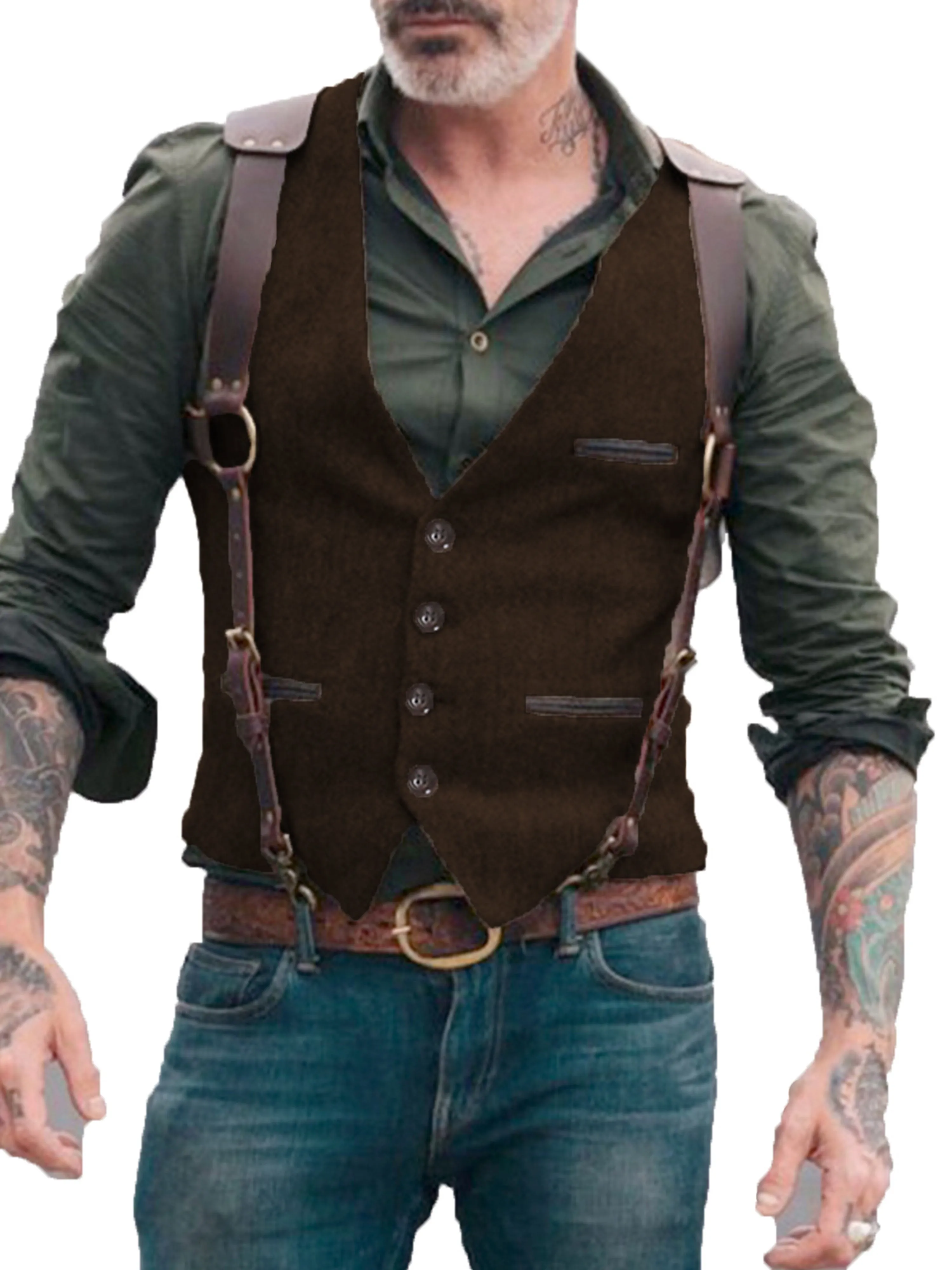 V Neck Solid Color Herringbone Vest Men's Suit Vest