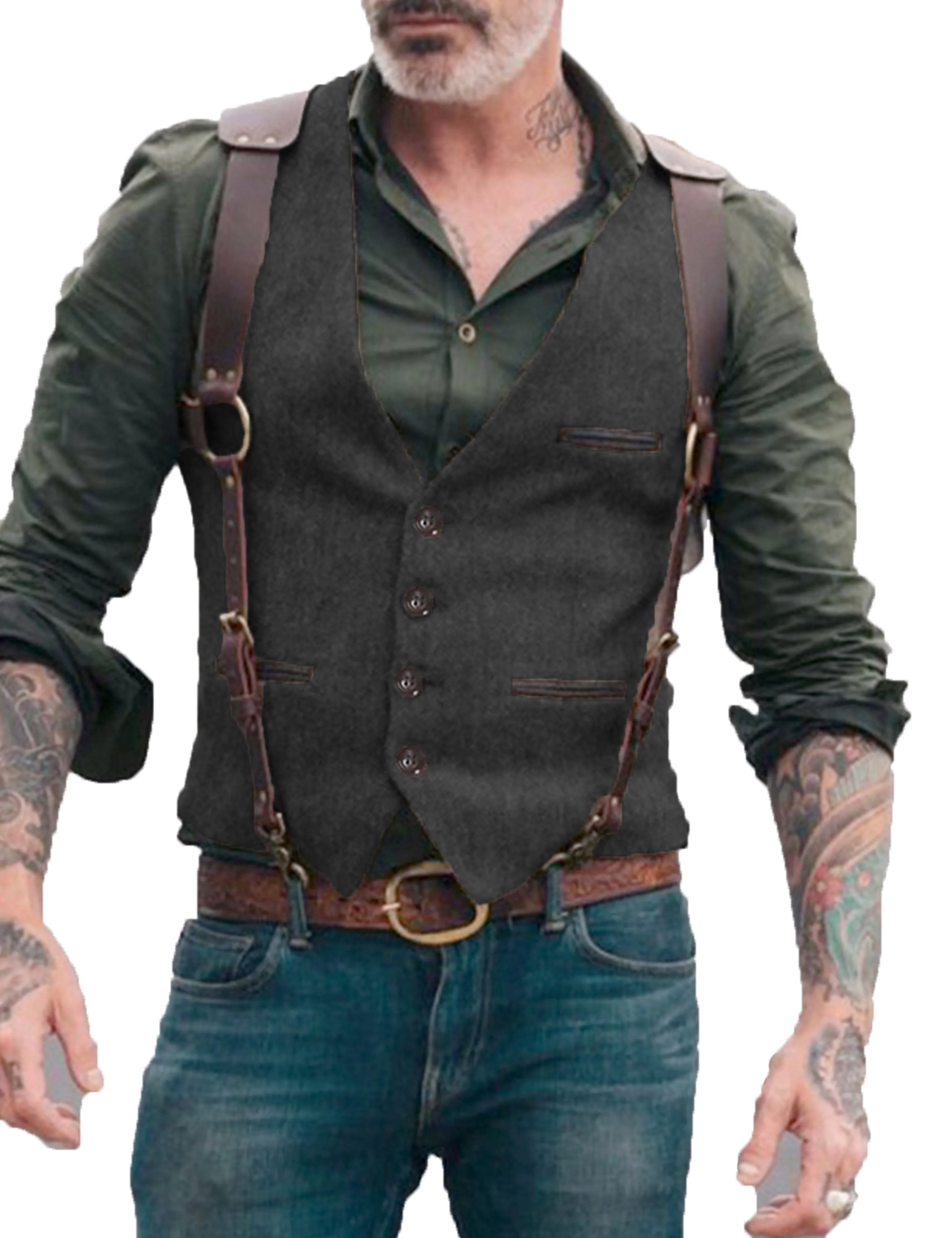 V Neck Solid Color Herringbone Vest Men's Suit Vest
