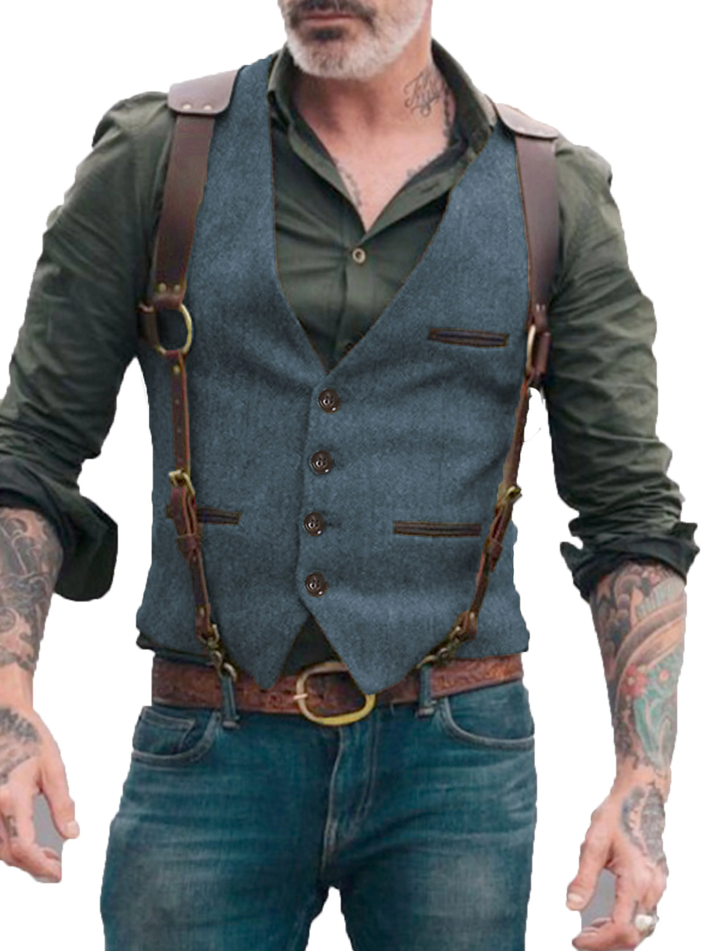 V Neck Solid Color Herringbone Vest Men's Suit Vest