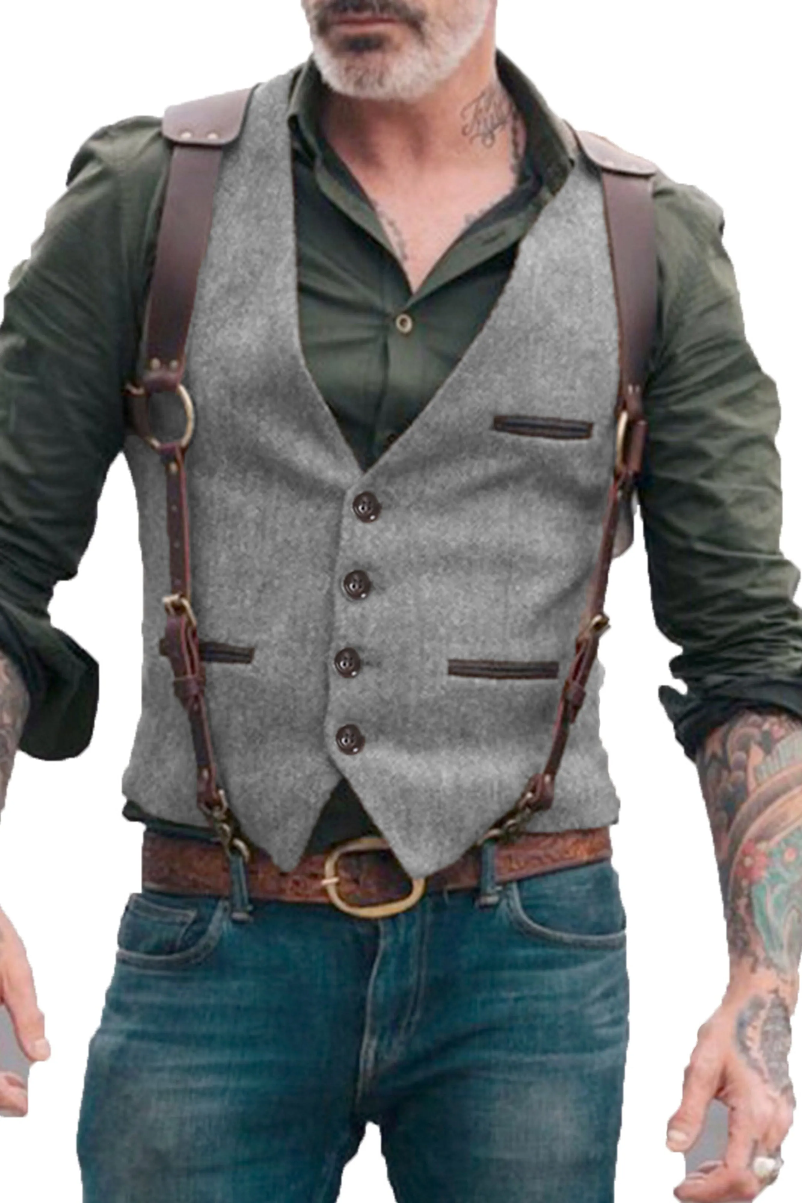 V Neck Solid Color Herringbone Vest Men's Suit Vest