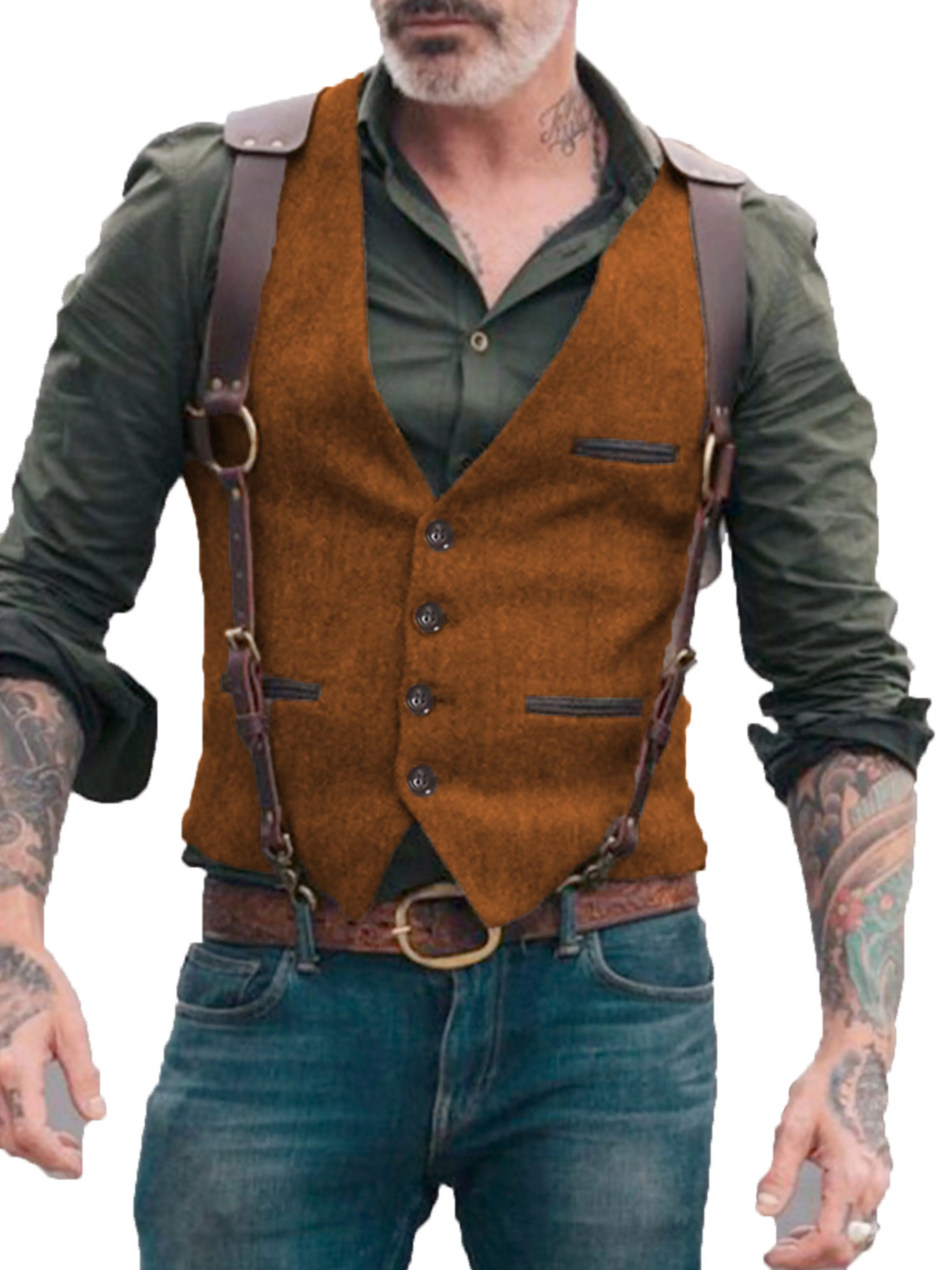 V Neck Solid Color Herringbone Vest Men's Suit Vest
