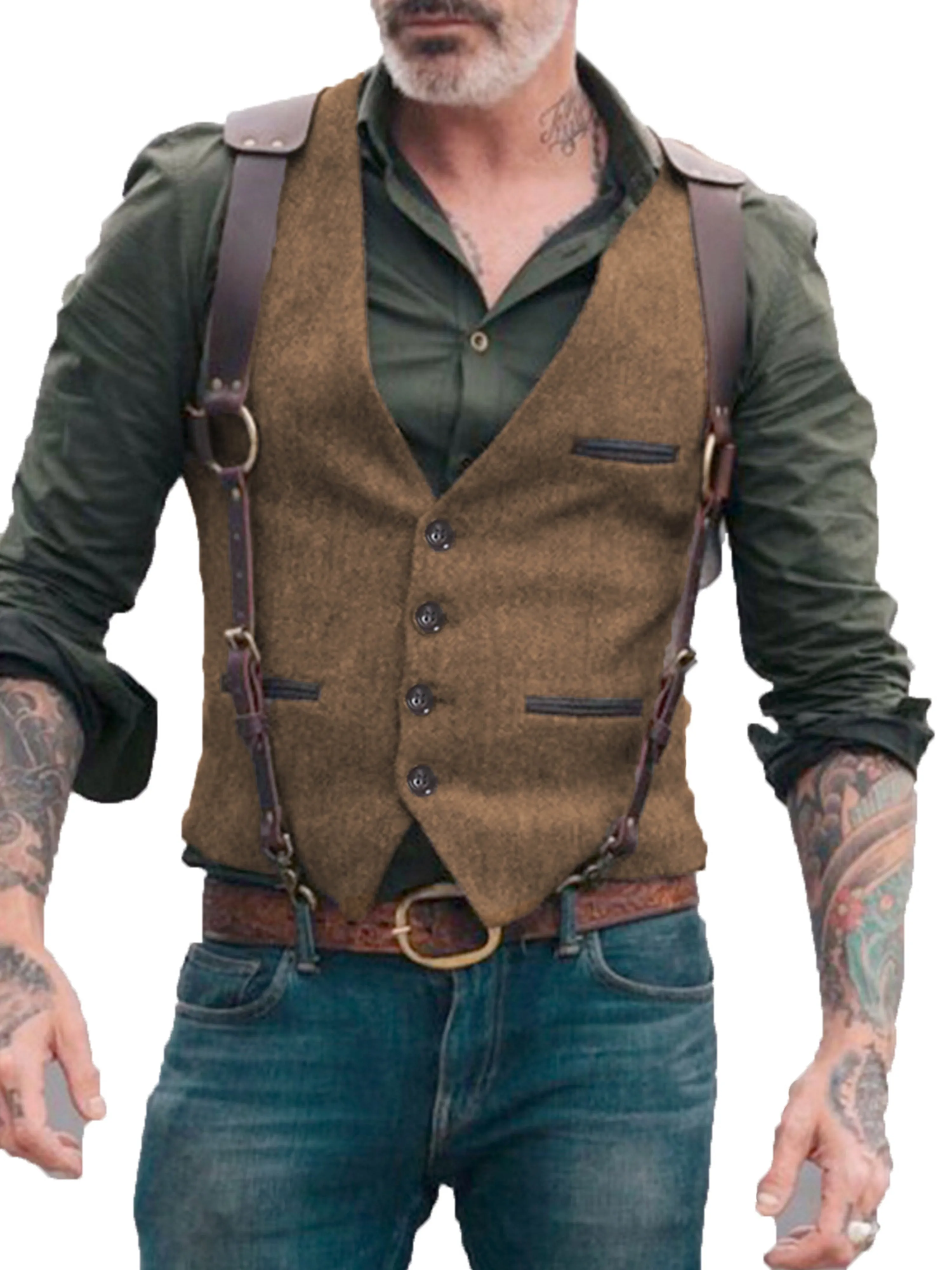 V Neck Solid Color Herringbone Vest Men's Suit Vest