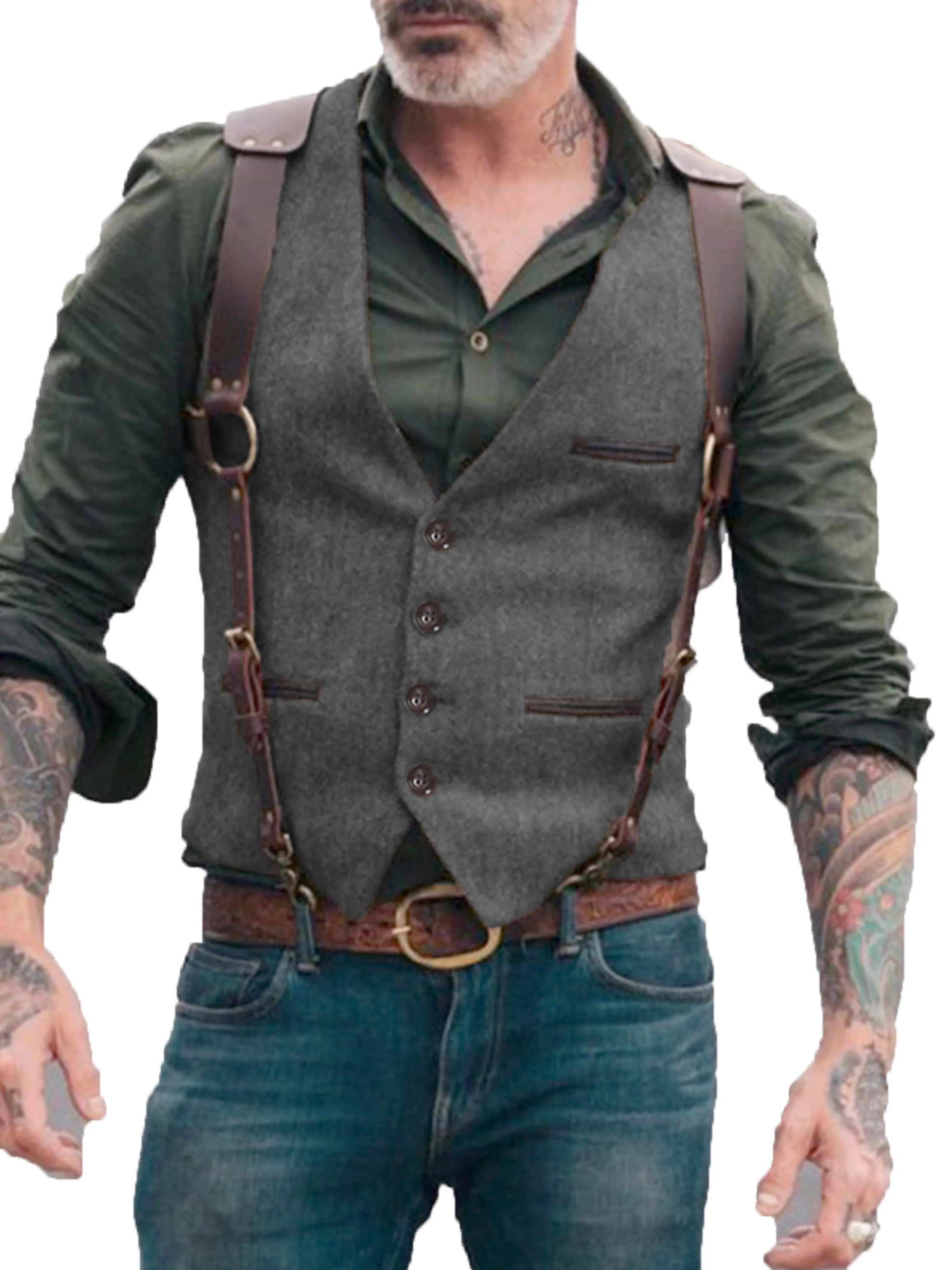 V Neck Solid Color Herringbone Vest Men's Suit Vest