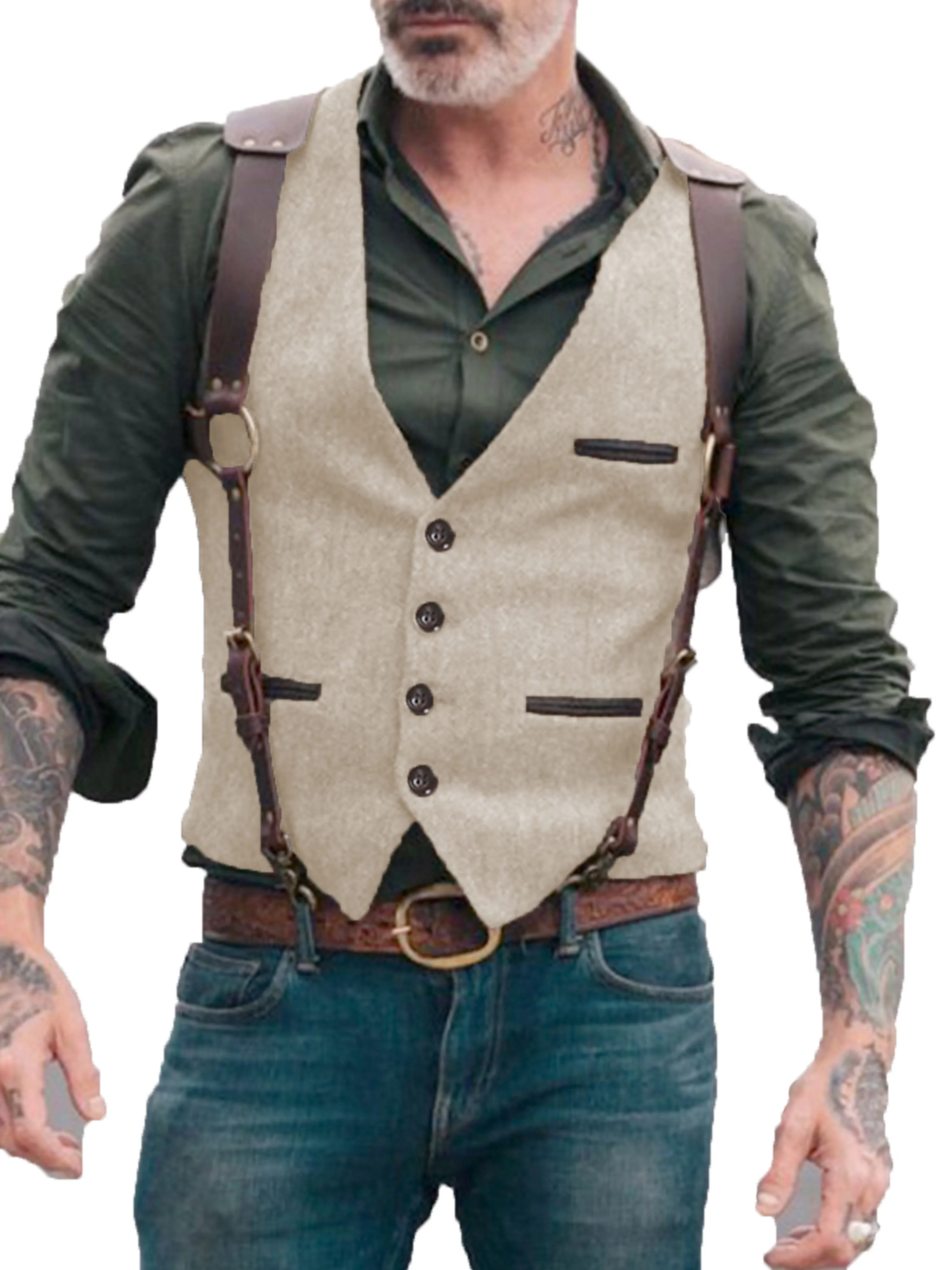 V Neck Solid Color Herringbone Vest Men's Suit Vest
