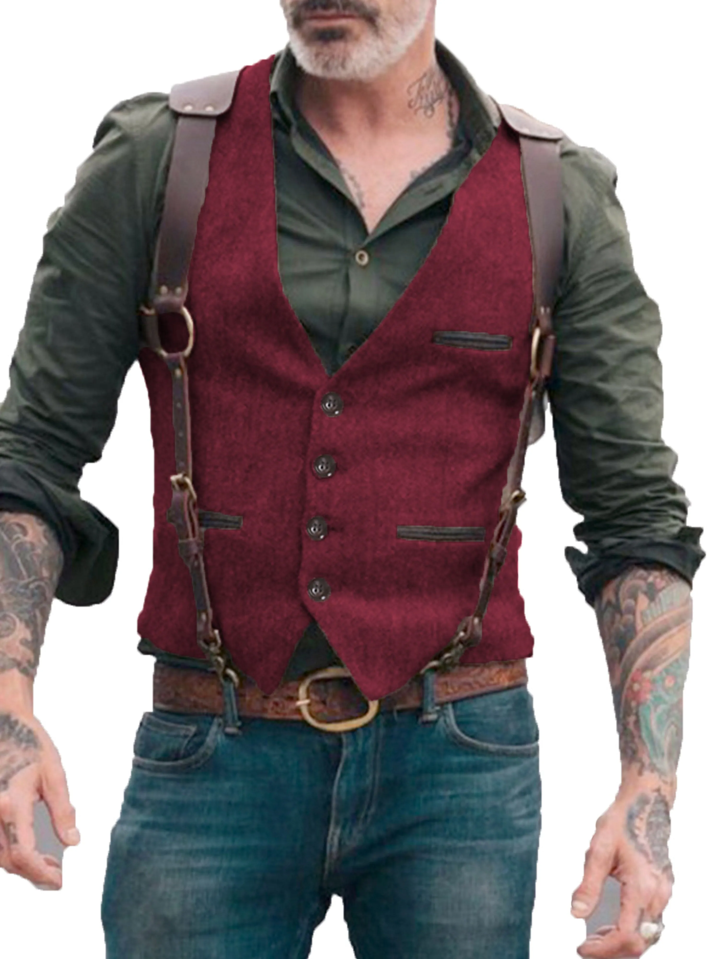 V Neck Solid Color Herringbone Vest Men's Suit Vest