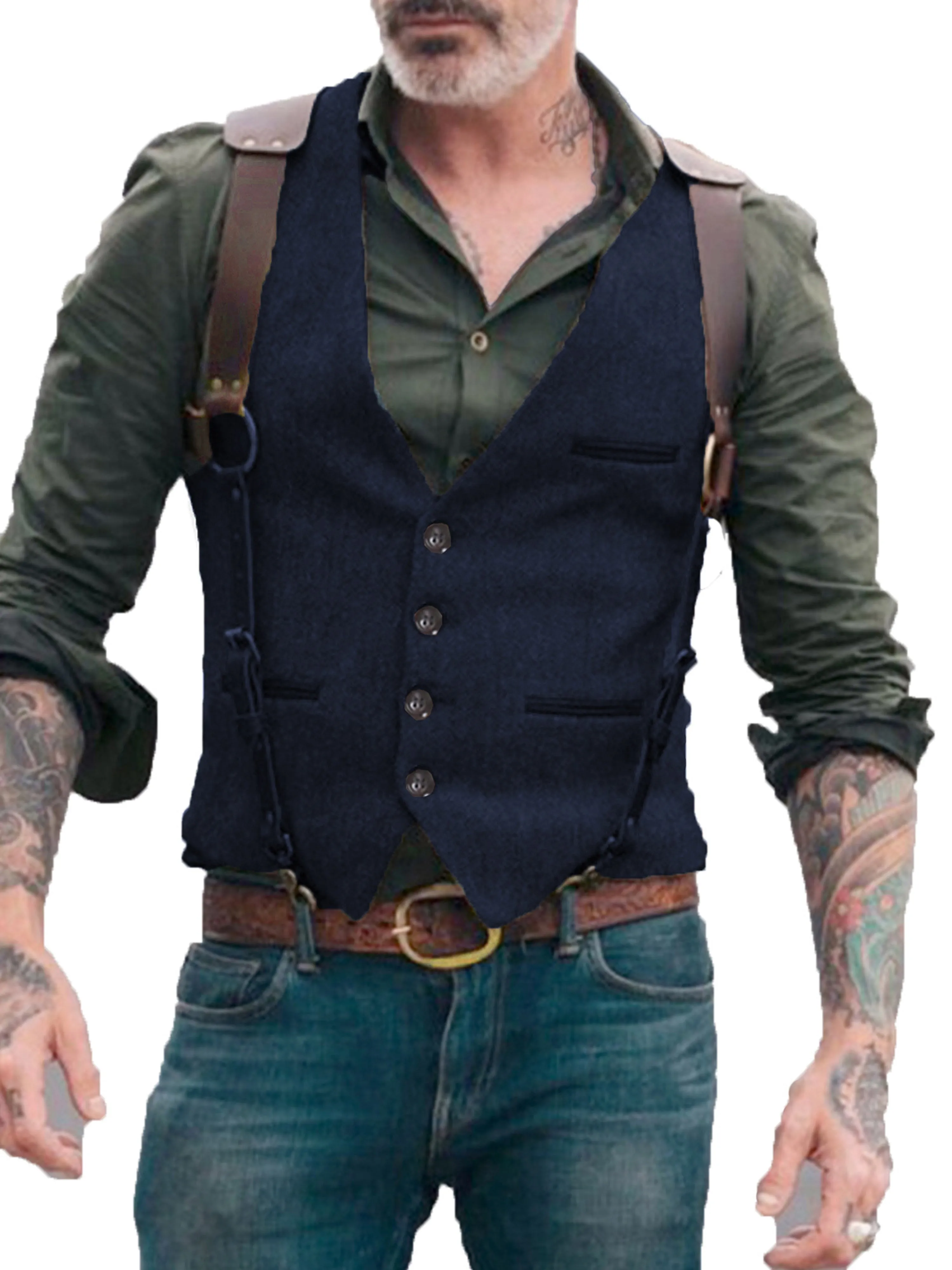 V Neck Solid Color Herringbone Vest Men's Suit Vest