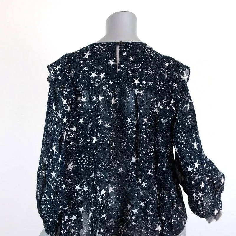 Velvet by Graham & Spencer Top Ann Teal Ruffled Star Print Georgette Size Small