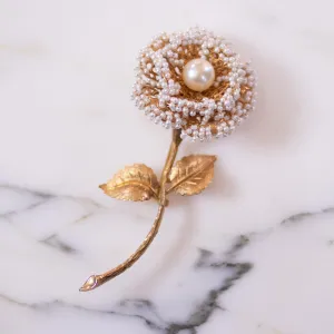 Vintage Gold Rose Brooch with Seed Pearls