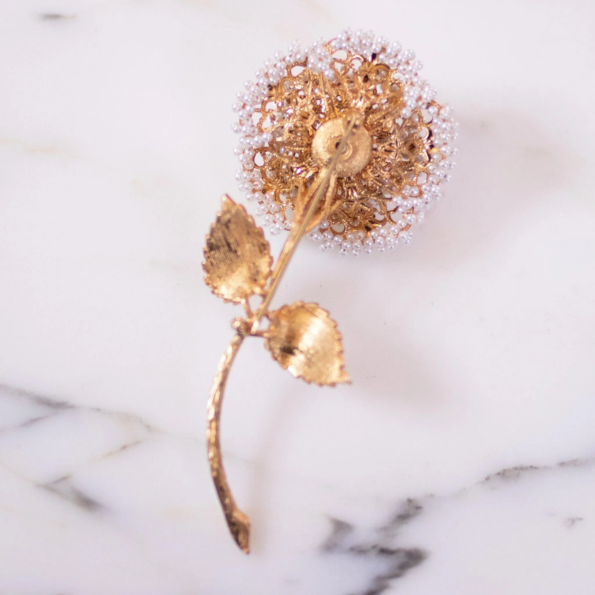 Vintage Gold Rose Brooch with Seed Pearls