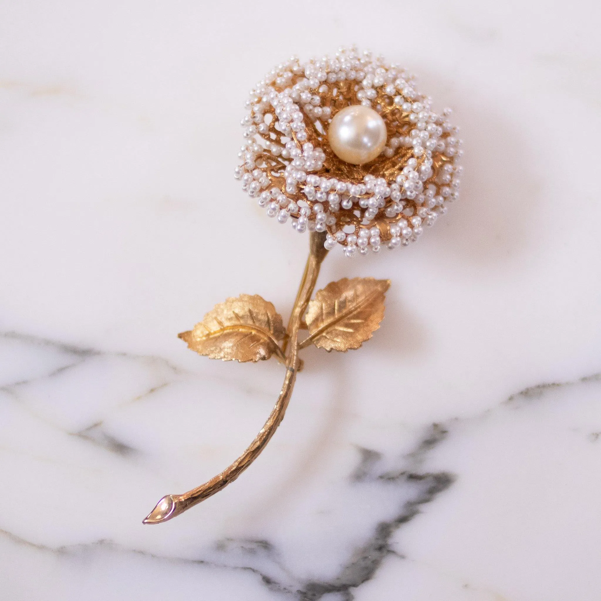 Vintage Gold Rose Brooch with Seed Pearls