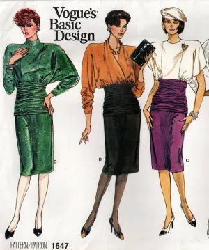 Vogue Basic Design 1647 Womens Slim Dress with Ruched Midriff Panel 1980s Vintage Sewing Pattern Size 12 - 16 UNCUT Factory Folded