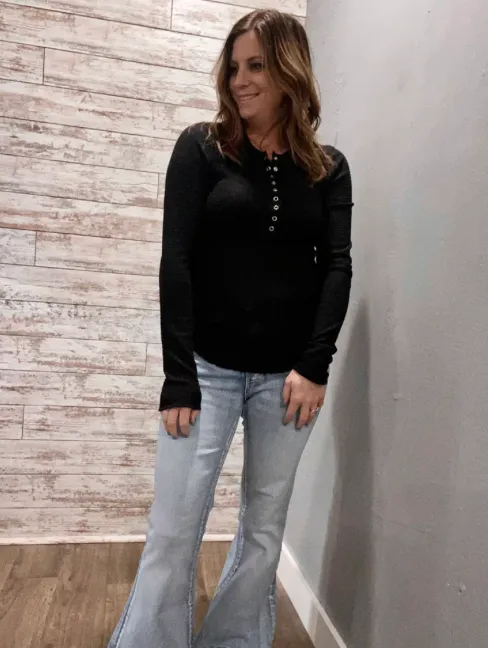 Waffle Button Down Henley Top - black