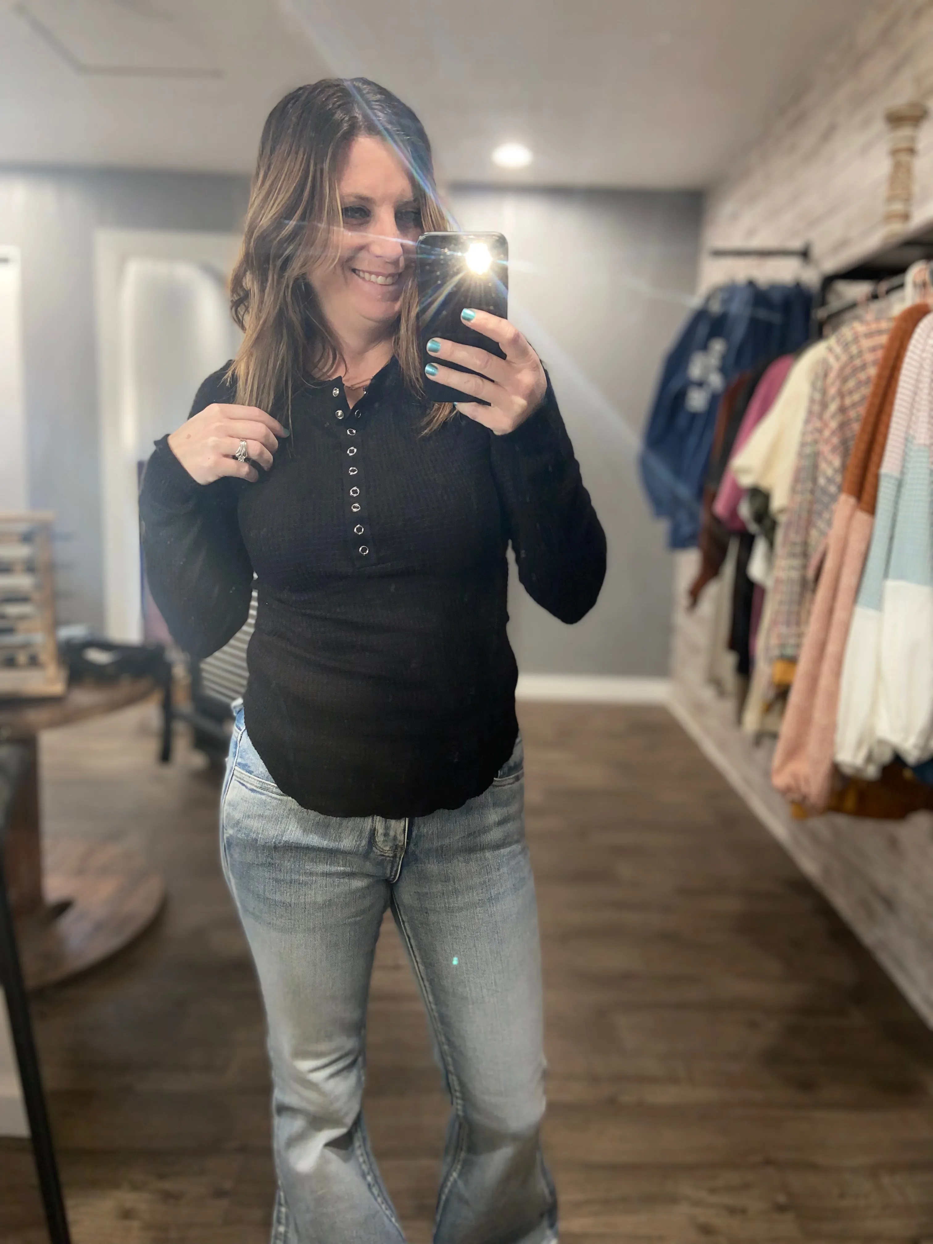 Waffle Snap Button Down Henley Top - black