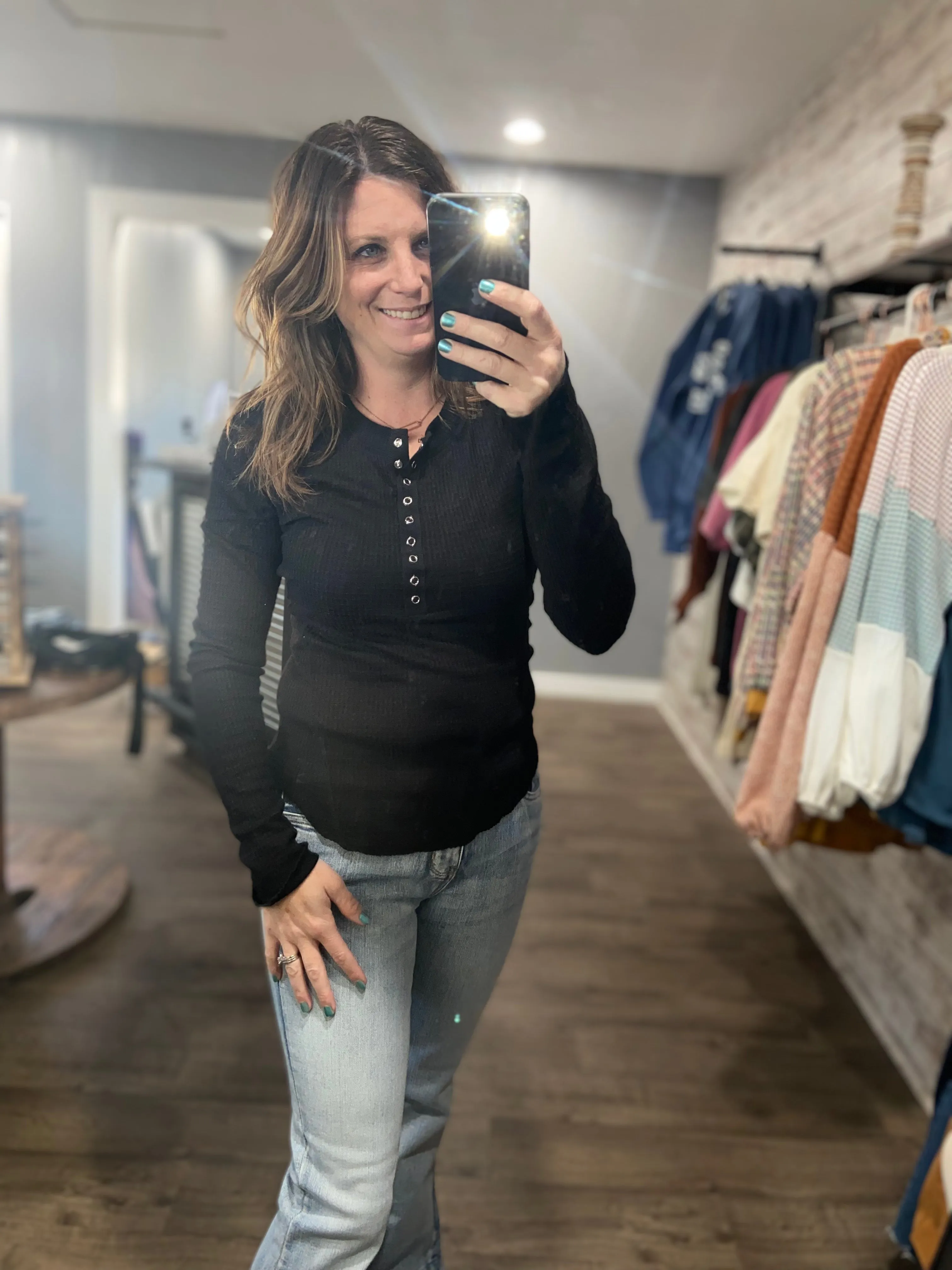 Waffle Snap Button Down Henley Top - black