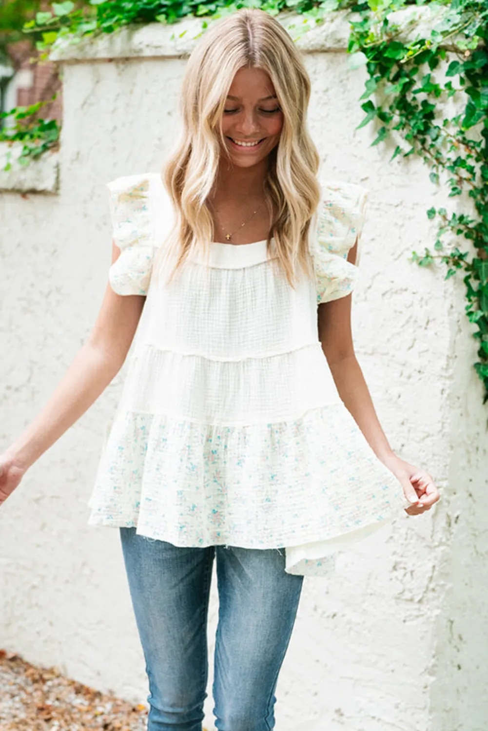 White Floral Patchwork Textured Tiered Ruffled Flowy Top