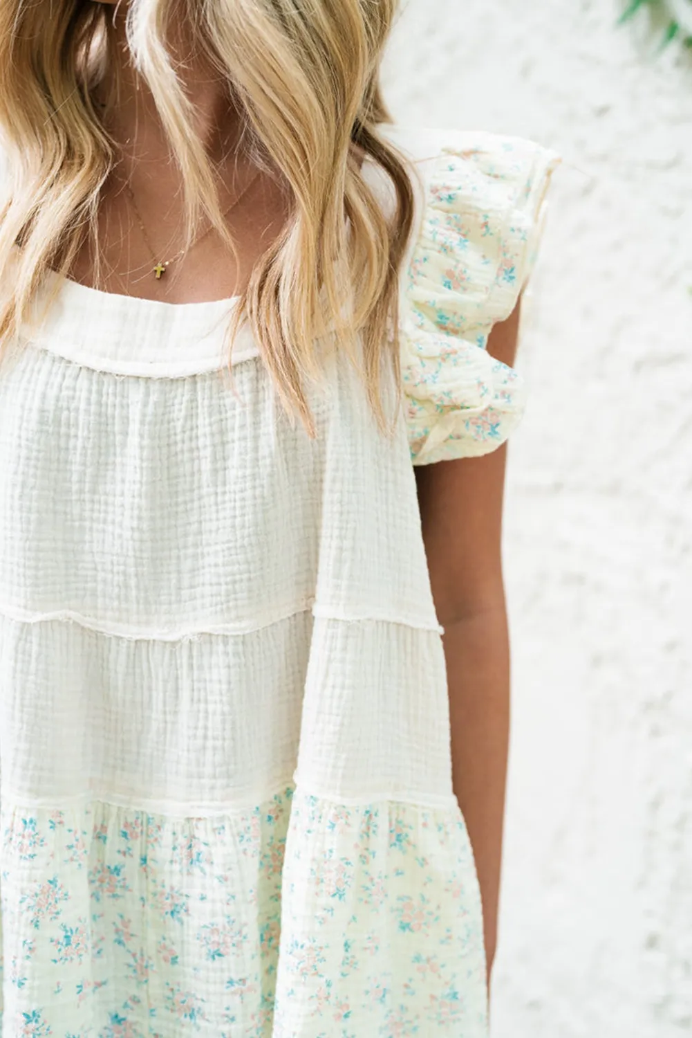 White Floral Patchwork Textured Tiered Ruffled Flowy Top