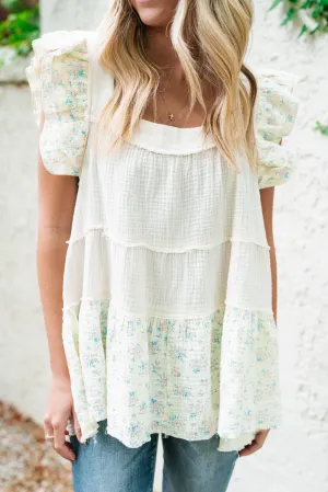 White Floral Patchwork Textured Tiered Ruffled Flowy Top