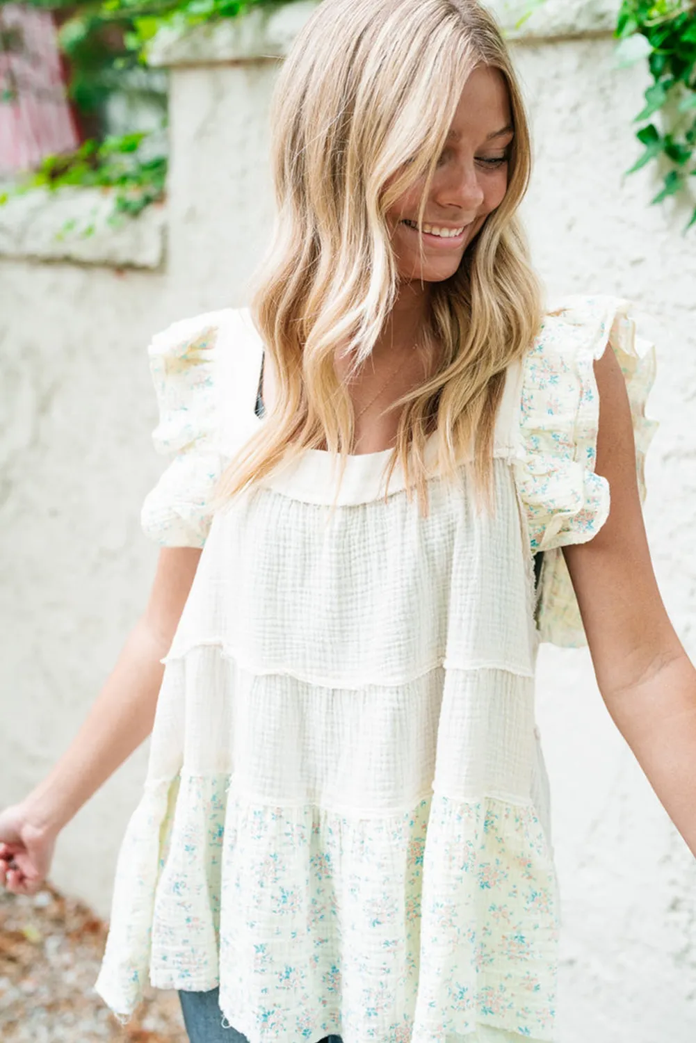 White Floral Patchwork Textured Tiered Ruffled Flowy Top