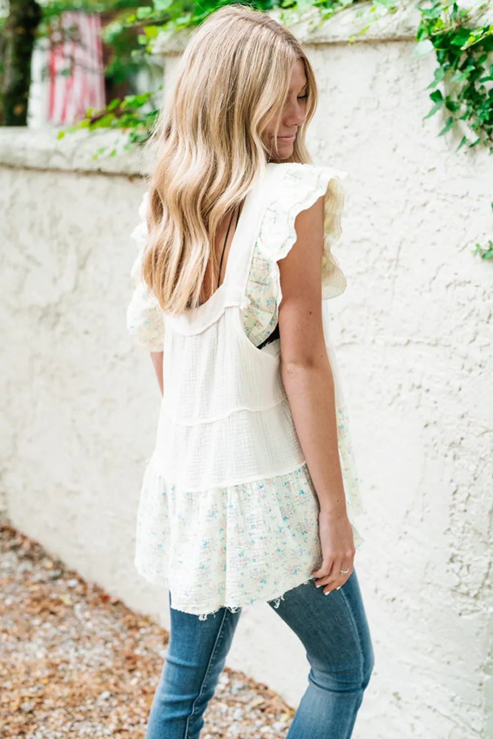 White Floral Patchwork Textured Tiered Ruffled Flowy Top
