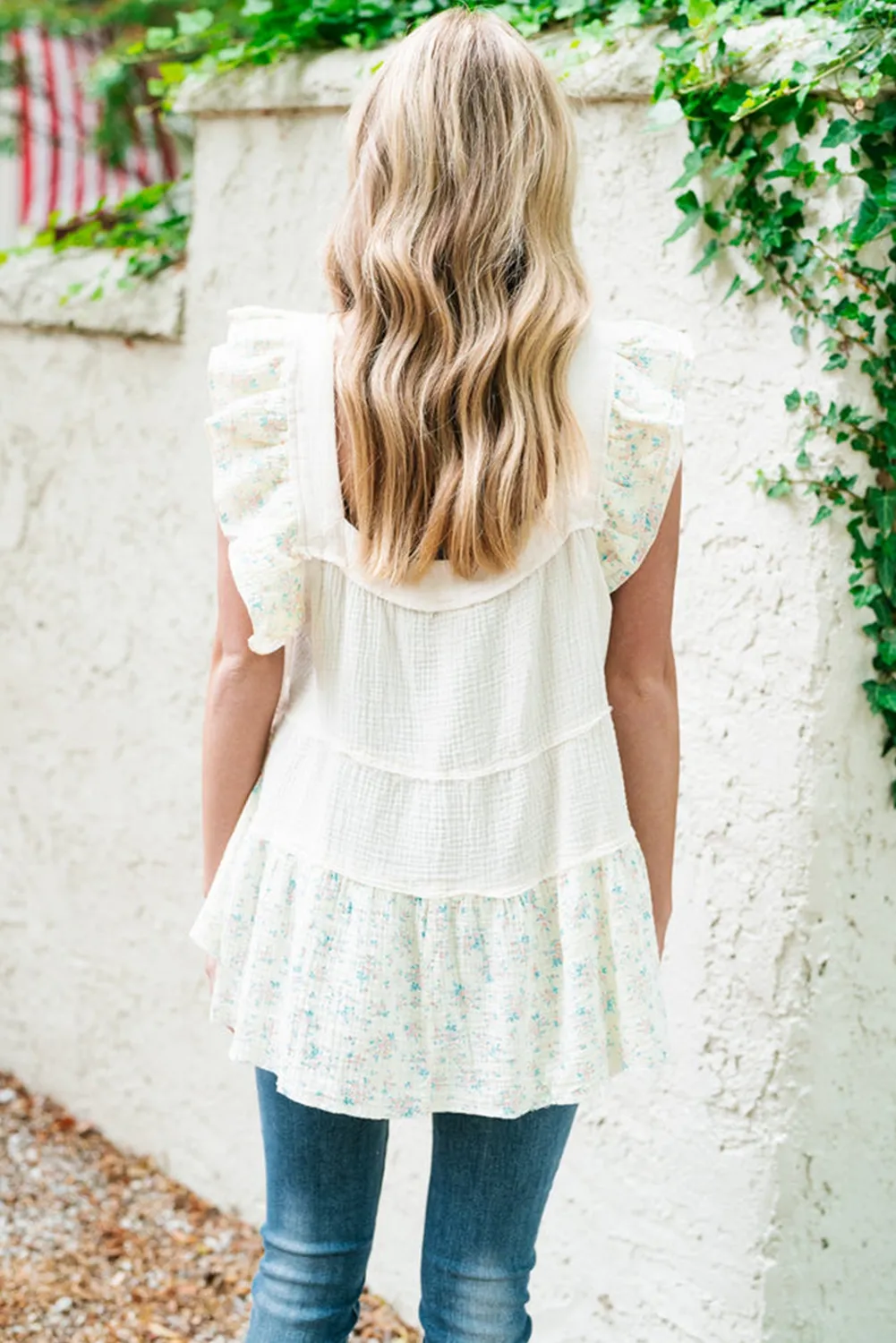 White Floral Patchwork Textured Tiered Ruffled Flowy Top