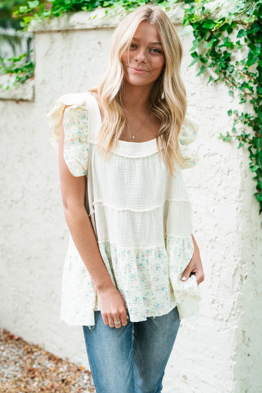 White Floral Patchwork Textured Tiered Ruffled Flowy Top