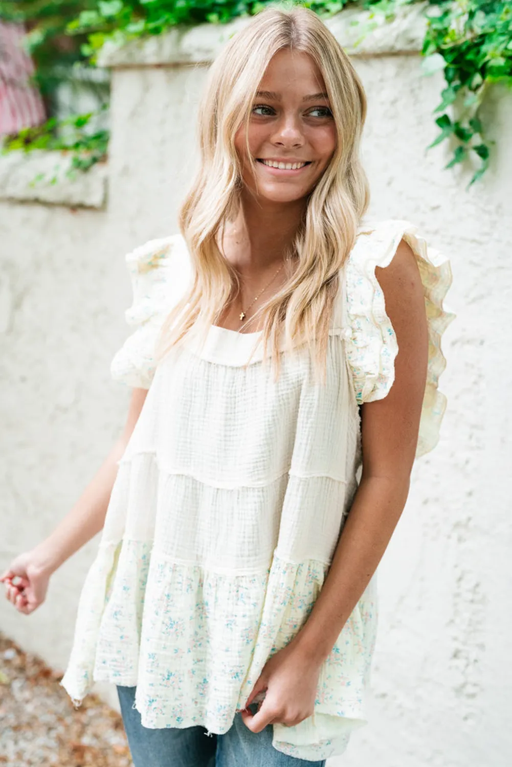 White Floral Patchwork Textured Tiered Ruffled Flowy Top